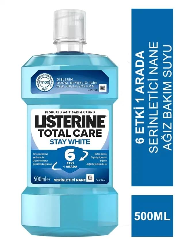 Listerine Total Care Stay White Intense Taste Classic Antibacterial Mouthwash (500ml), Fresh Mint Blast Flavour with 6-in-1 Benefits