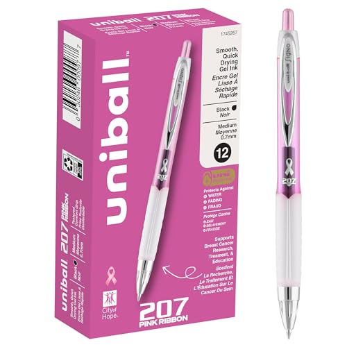 uni-ball 207 Retractable Gel Pens, Medium Point (0.7mm), Black, Pink Ribbon Edition, 12 Count (1745267)
