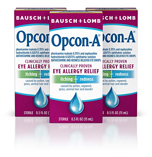 Opcon-A Allergy Eye Drops, Antihistamine and Redness Relief for Itchy, Red Eyes, Soothes Irritation from Pollen, Ragweed, Grass, Animal Hair & Dander, Clinically Proven Formula, 0.5 Fl Oz (Pack of 3)