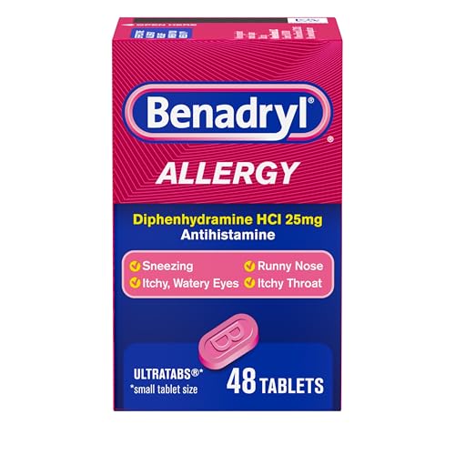 Benadryl Ultratabs Antihistamine Allergy Relief Medicine, 25 mg Diphenhydramine HCl Tablets for Relief of Cold & Allergy Symptoms Such as Sneezing, Runny Nose, & Itchy Eyes & Throat, 48 ct