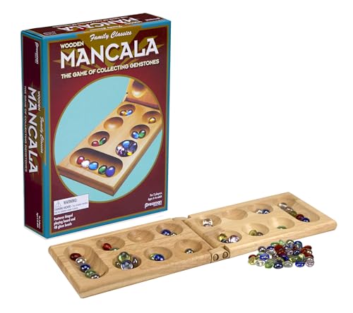 Pressman Mancala Board Game | Fun Classic Table for Adults & Kids | Includes 48 Glass Mancala Stones and Wood Hinged Playing Board | 2 Players, Ages 6+