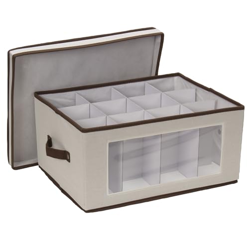 Household Essentials Wine Glass Storage Box, Strong Frame and Handles, Windowed Panel, Fully Removable Lid, Stackable and Foldable, Perfect for Wider Stemware