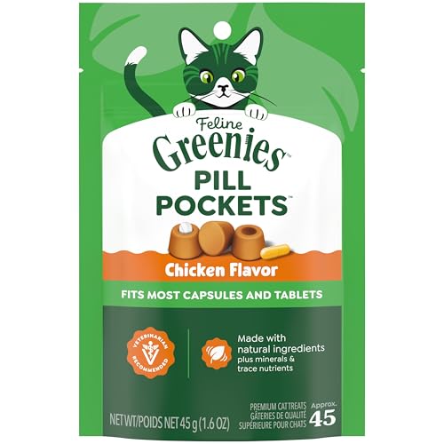 Greenies Feline Pill Pockets for Cats Natural Soft Cat Treats, Chicken Flavor, 1.6 oz. Pouch (45 Treats)