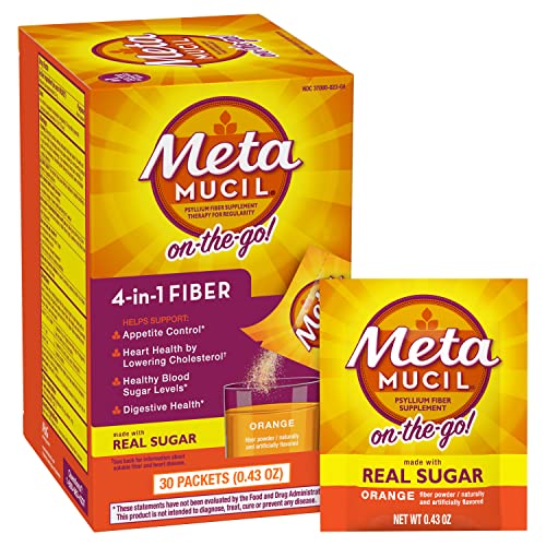 Metamucil On-the-Go, Daily Psyllium Husk Powder Supplement with Real Sugar, 4-in-1 Fiber for Digestive Health, Orange Smooth Flavored Drink, 2 pack x 30 count = 60 Packs Total