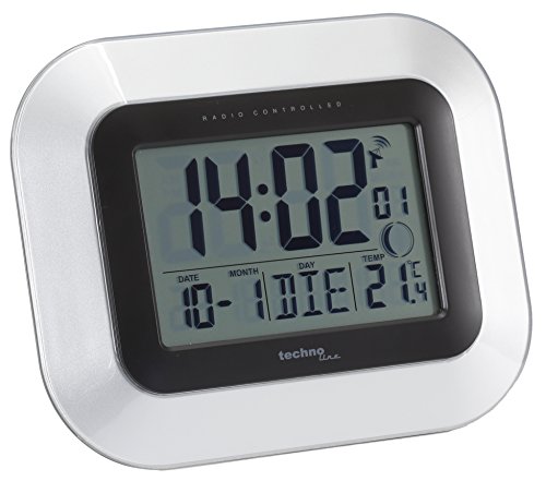 (-40%) Technoline WS 8005 Funkwanduhr DCF77 Funkuhr mit Innenthermometer | Datum | Wochentag | Mondphase | Wecker mit Snooze | Großes LCD-Display | 12/24h Anzeige | Silber