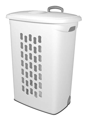 Sterilite Ultra Wheeled Laundry Hamper with Lid, Handle and Wheels for Easy Rolling of Clothes to and from The Laundry Room, Plastic, White, 1-Pack