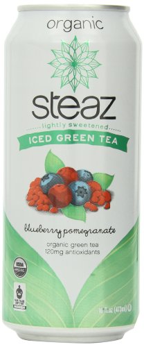 Steaz - Organic Green Tea - Blueberry Pomegranate (12 Pack) - Antioxidant Brew - 65mg Natural Caffeine, 90 Calories, Vitamin C - Cane Sugar Sweetened Iced Tea - Vegan - 12 Cans, 16 fl oz (473mL)