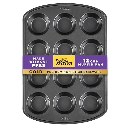 Wilton Gold Premium Non-Stick Warp-Resistant Bakeware, Made without PFAs, Muffin Pan, 12-cup, 10.5 x 15 x 1.4 in, Packaging May Vary