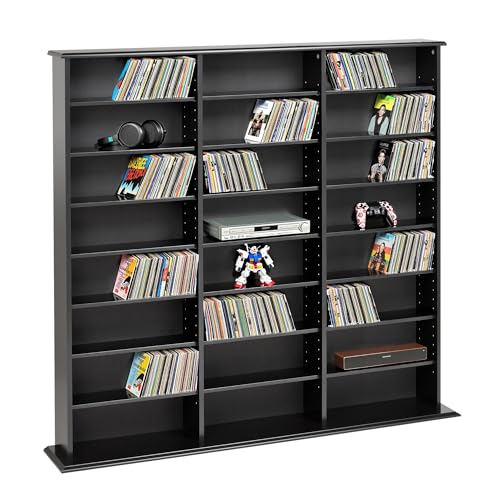Prepac 3 Column Tall Media Storage Cabinet, Black Storage Cabinet, Display Cabinet, Multimedia Storage Organizer for CDs, DVDs, Blu-rays with 21 Adjustable Shelves 8.75" D x 56" W x 51" H