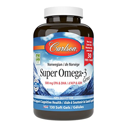 Carlson - Super Omega-3 Gems, 1200 mg Omega-3 Fatty Acids with EPA and DHA, Wild-Caught Norwegian Supplement, Sustainably Sourced Fish Oil Capsules, Omega 3 Supplements, 100+30 Softgels