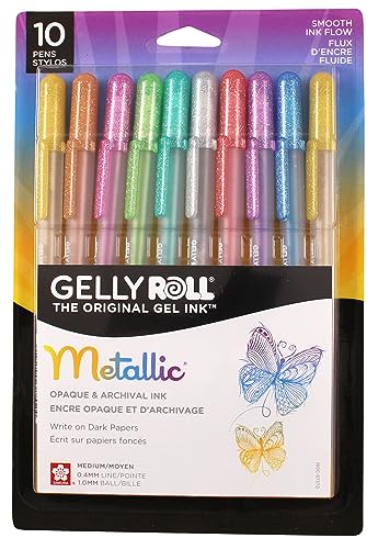SAKURA Gelly Roll Metallic Gel Pens - Pens for Scrapbook, Journals or Drawing - Art Gifts, DIY Projects - Colored Metallic Ink - Medium Line - 10 Pack