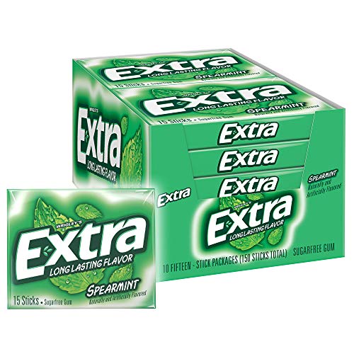 Extra Gum Spearmint Sugarfree Gum Bulk, Individually Wrapped, Perfect for Long Lasting Fresh Breath at School, Work & Travel 15 Count, Pack of 10