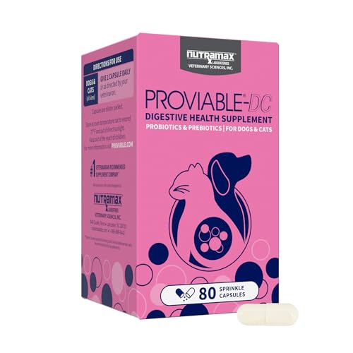 Nutramax Proviable Probiotics for Dogs and Cats, Daily Digestive Health Supplement with Multiple Strains of Bacteria, Cat and Dog Probiotics Plus Prebiotics, 80 Capsules