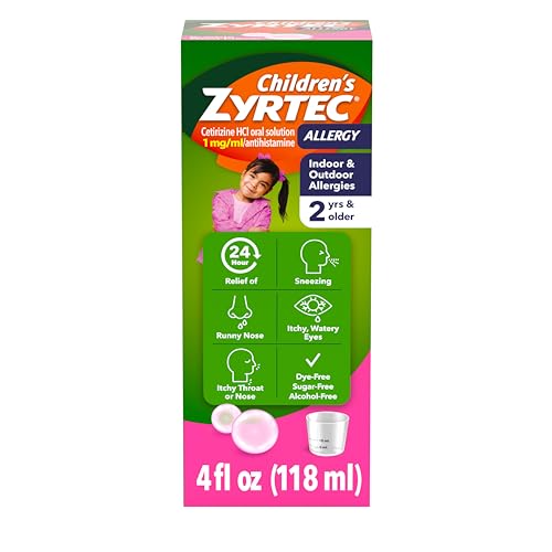 Zyrtec Children's 24 Hour Allergy Relief Syrup, Cetirizine Hydrochloride Antihistamine, Allergy Medicine for Indoor & Outdoor Allergy Relief, Dye- & Sugar-Free, Bubble Gum, 4 fl. oz