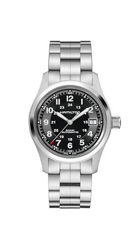 Hamilton Khaki Field Automatic Men's Watch, 38mm Stainless Steel Case, Swiss Made, Black Dial Analog Watch, 100m Waterproof Watch, Watches for Men Silver