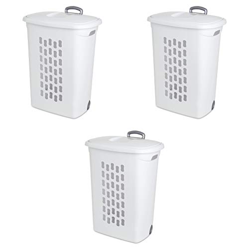 Sterilite 3-Pack Ultra Wheeled Hamper, Laundry Basket w/ Flip-Top Lid & Retractable Handle - Plastic Rolling Clothes Storage Cart with Ventilated Holes for Home, Apartment or Dorm