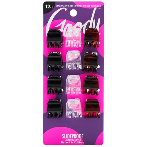 Goody Small Basic Half-Claw Hair Clips, 12-Count – 3-Prong Claw Clips for All Hair Types, Neutral Colors (Black, Tortoise, Clear), SlideProof Grip for All-Day Hold