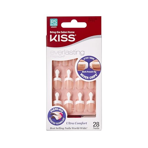 Kiss Everlasting French Nail Manicure, Chip-Free with Flexi-Fit Technology, Real Short, "Endless", Nail Kit with Pink Nail Glue (Net Wt. 2 g / 0.07oz.), Mini File, Manicure Stick, and 28 Fake Nails