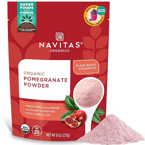 Navitas Organics Pomegranate Powder – Organic Juice Powder - For Smoothies, Desserts, Dips & More – Antioxidant Support - USDA Organic, Non GMO, Kosher, Gluten Free, Vegan (8oz. Bag, 45 Servings)