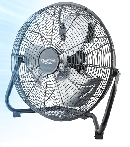 Comfort Zone 12 inch Cradle Fan, 3 Speed Floor or Table Fan with180 Degree Tilt, Metal Construction and Aluminum Blades, Carry Handle, Rubber Feet, Ideal for Bedroom, Workshop, or Garage, Black