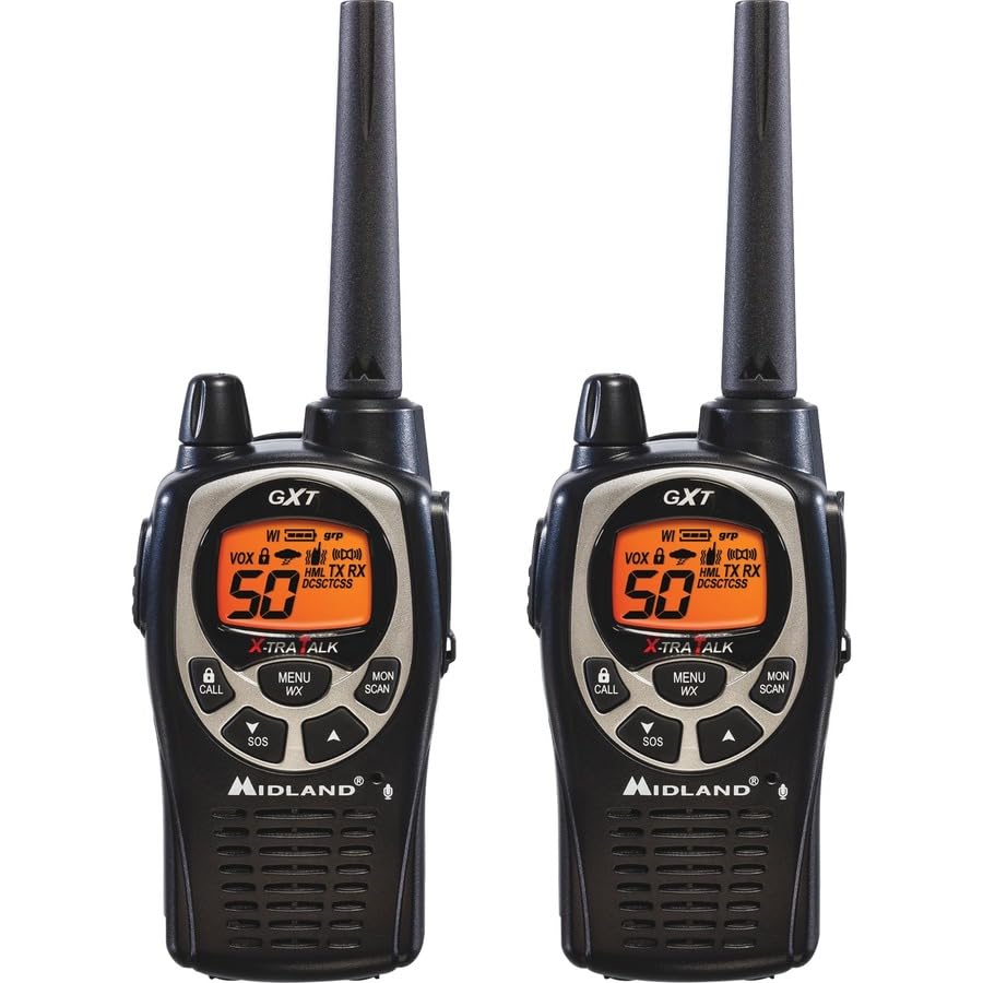 Midland GXT1000VP4 GMRS Two-Way Radio (50-Channel, Long Range, 142 Privacy Codes, SOS, NOAA, Rechargeable Nickle Battery, Black/Silver, 2-Pack)