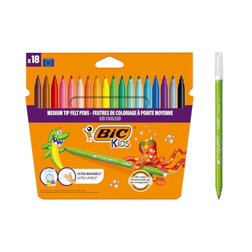 BIC Kids Kid Couleur Feutres de Coloriage à Pointe Moyenne - Couleurs Assorties, Etui Carton de 18