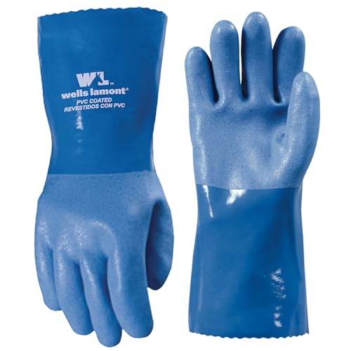 Wells Lamont Heavy Duty Rubber Gloves with PVC Coating, Chemical and Abrasion Resistant, Waterproof, 12-Inch Cuff, Large, Blue (174L)