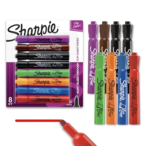 Sharpie Flip Chart Markers, Bullet Tip, Assorted Colors, 8 Count - Low-Odor, Squeak-Free, Home, Office, Back to School, Teacher Supplies