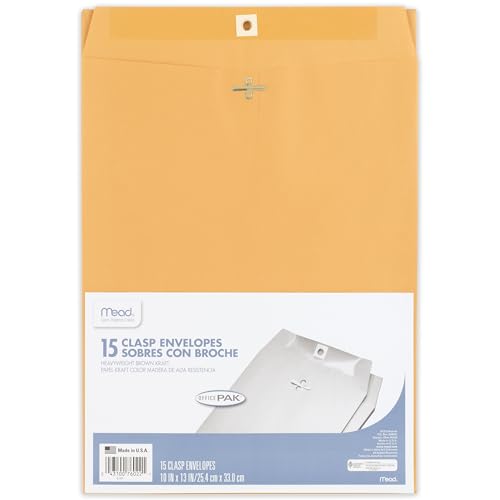 Mead Envelopes, 10" x 13", Clasp Closure, Brown Kraft All-Purpose 24-lb Paper Mailing Envelopes, 15 Count (76022)