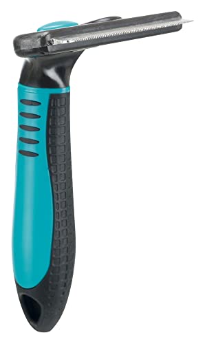 TRIXIE Carding curry comb for removing loose undercoat - interchangeable curry comb head - stainless steel blade - rubberised plastic handle - black/blue - 8 x 14 cm - 24173