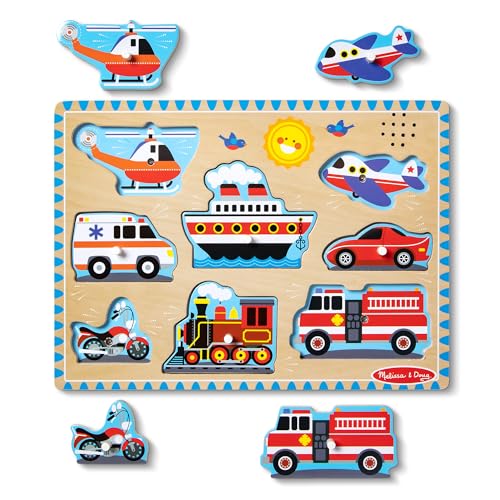 Melissa & Doug Vehicles Sound Puzzle – 8-Piece Wooden Peg Puzzle with Light-Activated Sounds, Music Learning Toy for Toddlers and Preschoolers Ages 2+