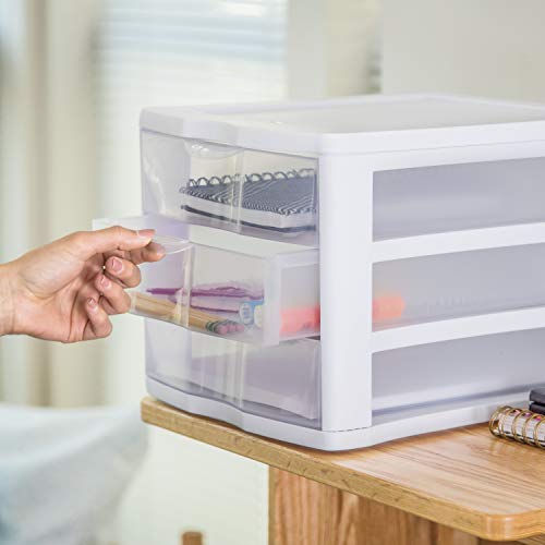 Sterilite 4-Pack 3 Drawer Unit, Plastic Desktop Organizer with Clear Drawers, White Frame - Stackable Multi-Purpose Storage for Office Supplies, Craft Rooms, Classrooms and Home Organization