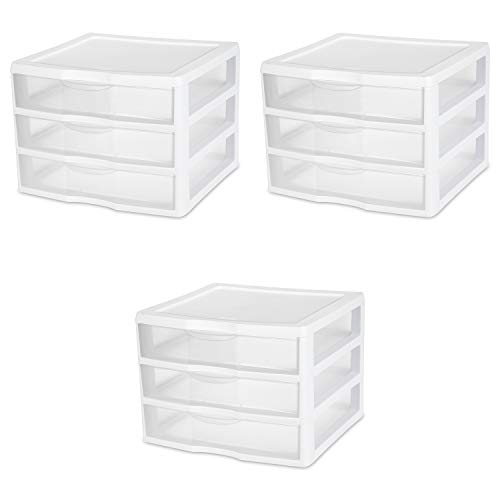 Sterilite 3-Pack Wide 3 Drawer Unit, Plastic Desktop Organizer with Clear Drawers, White Frame - Stackable Multi-Purpose Storage for Office Supplies, Craft Rooms, Classrooms and Home Organization