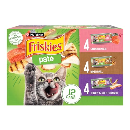 Purina Friskies Wet Cat Food Pate Variety Pack Salmon Dinner, Turkey and Giblets Dinner and Mixed Grill - (2 Packs of 12) 5.5 oz. Cans