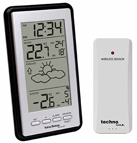 (-46%) Technoline WS 9130 Wetterstation Funk mit Außensensor, Innen- und Außentemperatur, Wettervorhersage, DCF Funkuhr, Min/Max Speicher, Wecker mit Schlummerfunktion, LCD Display, Schwarz