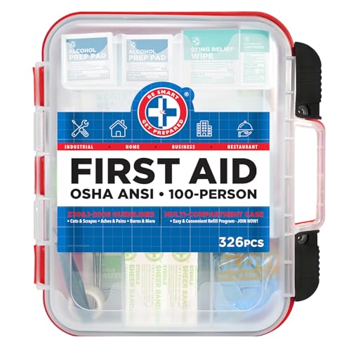 Be Smart Get Prepared First Aid Kit Hard Red Case 326 Pieces Exceeds OSHA and ANSI Guidelines 100 People - Office, Home,