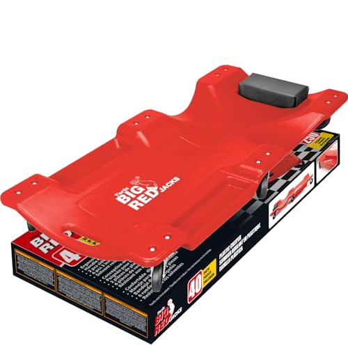 BIG RED TRP6240 Torin Blow Molded Plastic Rolling Garage/Shop Creeper: 40" Mechanic Cart with Padded Headrest, Dual Tool Trays and 6 Casters, Red