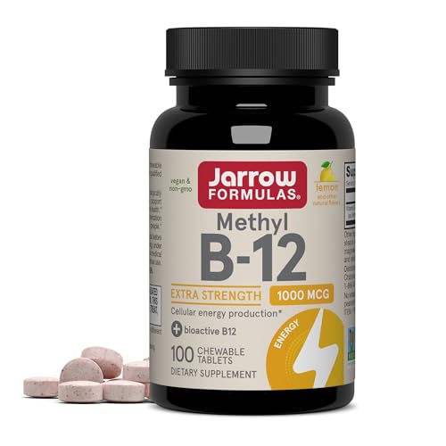 Jarrow Formulas Extra Strength Methyl B-12, Dietary Supplement for Cellular Energy Production, 100 Lemon-Flavored Chewable Tablets, Up to a 100 Day Supply
