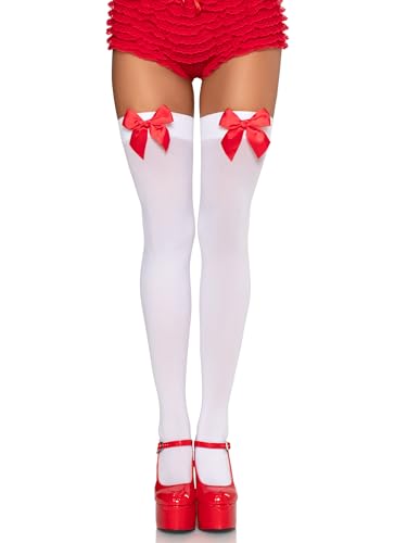Leg Avenue Women's Satin Bow Accent Thigh Highs, White/Red, One Size