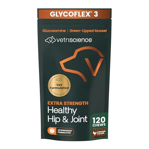 VetriScience Extra Strength Healthy Hip & Joint Chews, GlycoFlex 3, Glucosamine, Green-Lipped Mussel, Joint Support Supplement for Dogs, Promote Mobility & Soothe Joint Discomfort, Chicken, 120 Count