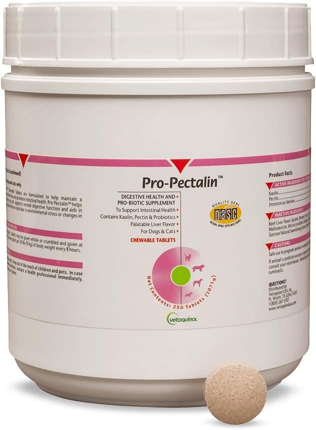 Vetoquinol Pro-Pectalin Chewable Tablets for Dogs & Cats, Helps Relieve Occasional Diarrhea, Situational Diarrhea Relief with Kaolin and Pectin, Contains Beneficial Probiotic Bacteria, 250 ct