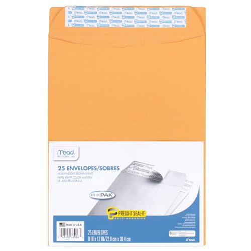 Mead Envelopes, Letter Size 9" x 12", Press-It Seal-It Self Adhesive Closure, Brown Kraft All-Purpose 24-lb Paper, Manila Mailing Envelopes, 25 Count (76086)