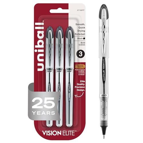Uniball Vision Elite Bold Rollerball Pens; Black Ink; Pack of 3; Fine Point Smooth Writing Pens; Office Supplies