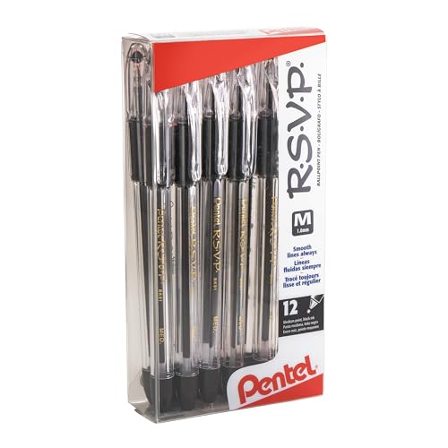 Pentel(R) R.S.V.P.(R) Ballpoint Pens, 1.0 mm, Medium Point, Clear Barrel, Black Ink, Pack Of 12, BK91-A