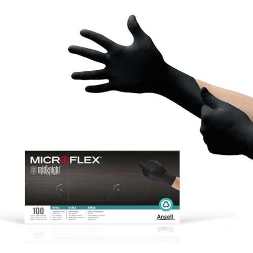 Microflex MK-296 Black Disposable Nitrile Gloves, Latex-Free, Powder-Free Glove for Mechanics, Automotive, Cleaning or Tattoo Applications, Medical/Exam Grade, Size Medium, Box of 100 Units