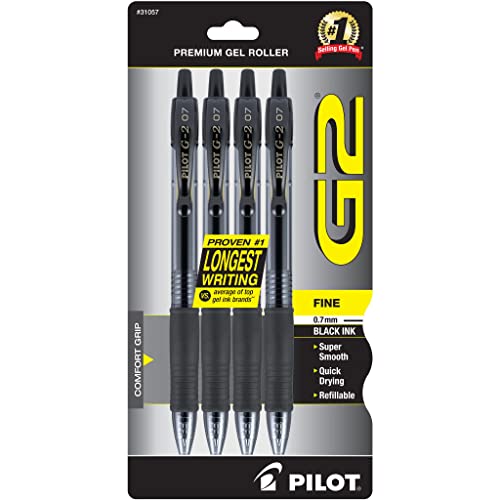 Pilot G2 Premium Gel Roller Pens 0.7, Fine Point Smooth Writing Pens Black, Pack of 4