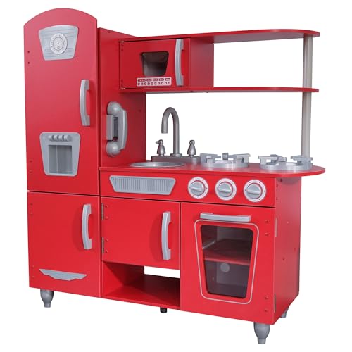 KidKraft Red Vintage Toy Kitchen, Wooden Play Kitchen with Toy Phone, Kids' Kitchen set with Retro Toy Fridge, 53173