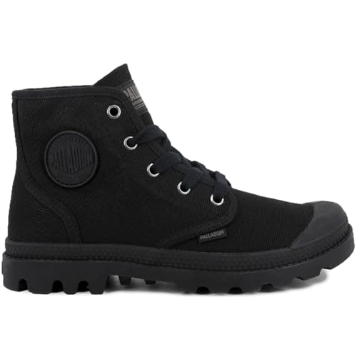 Palladium Women's Pampa Hi Boot, Vegan Canvas Lace Up Boot, Black/Black, 7 M