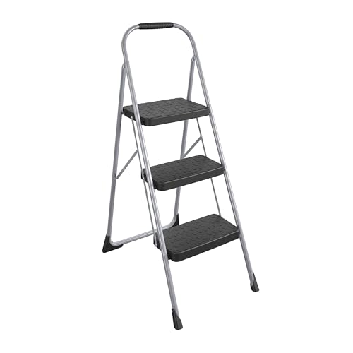 Cosco 11408PBL1E Three Step Big Step Folding Step Stool with Rubber Hand Grip, Grey