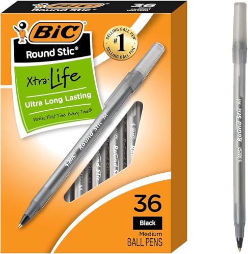 Bic Round Stic Xtra Life Black Ballpoint Pens Medium Point 10mm 36